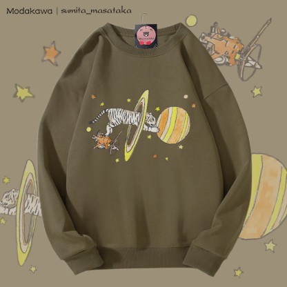 MODAKAWA X sumita_masataka Unisex-Sweatshirt mit Grafik: Weißer Tiger durch die Saturnringe - Dark Khaki - 5XL - image 4