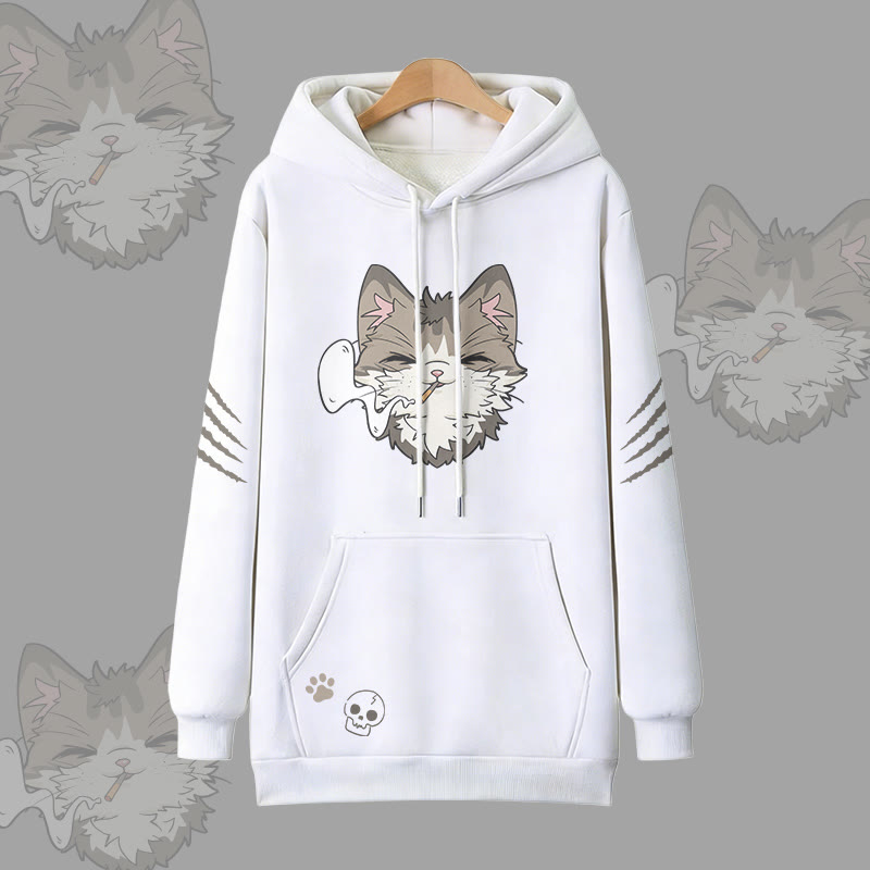 Modakawa Oversized Pullover Hoodie mit Raucherkatzen-Motiv - White - 3XL - image 4