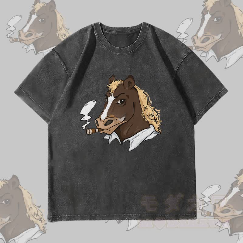 MODAKAWA Smoking Horse Grafik Unisex Vintage Washed T-Shirt - Schwarz - 4XL - image 4