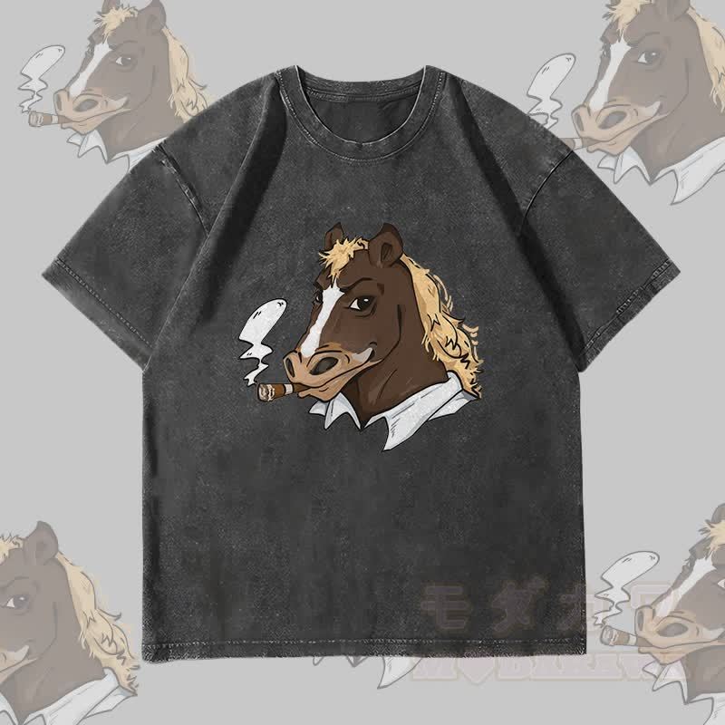 MODAKAWA Smoking Horse Grafik Unisex Vintage Washed T-Shirt - Schwarz - 4XL - image 4