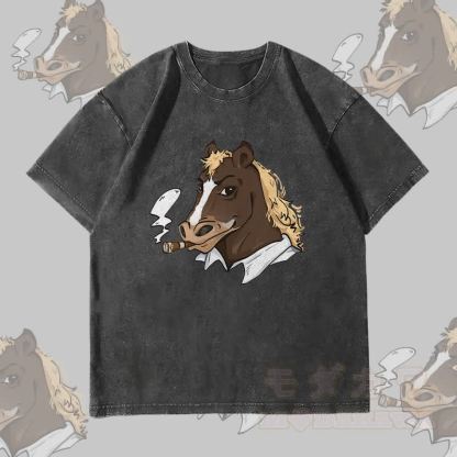 MODAKAWA Smoking Horse Grafik Unisex Vintage Washed T-Shirt - Schwarz - 4XL - image 4