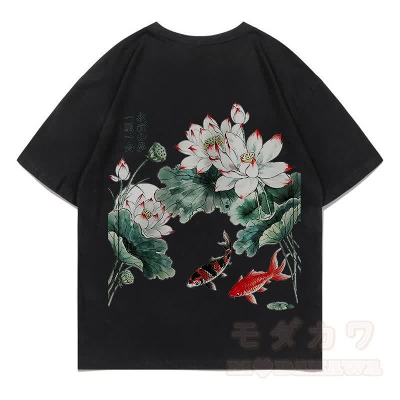 MODAKAWA Sommer-T-Shirt mit Blumen- und Fischmuster, locker geschnitten, Kurzarm - Schwarz - 5XL - image 16