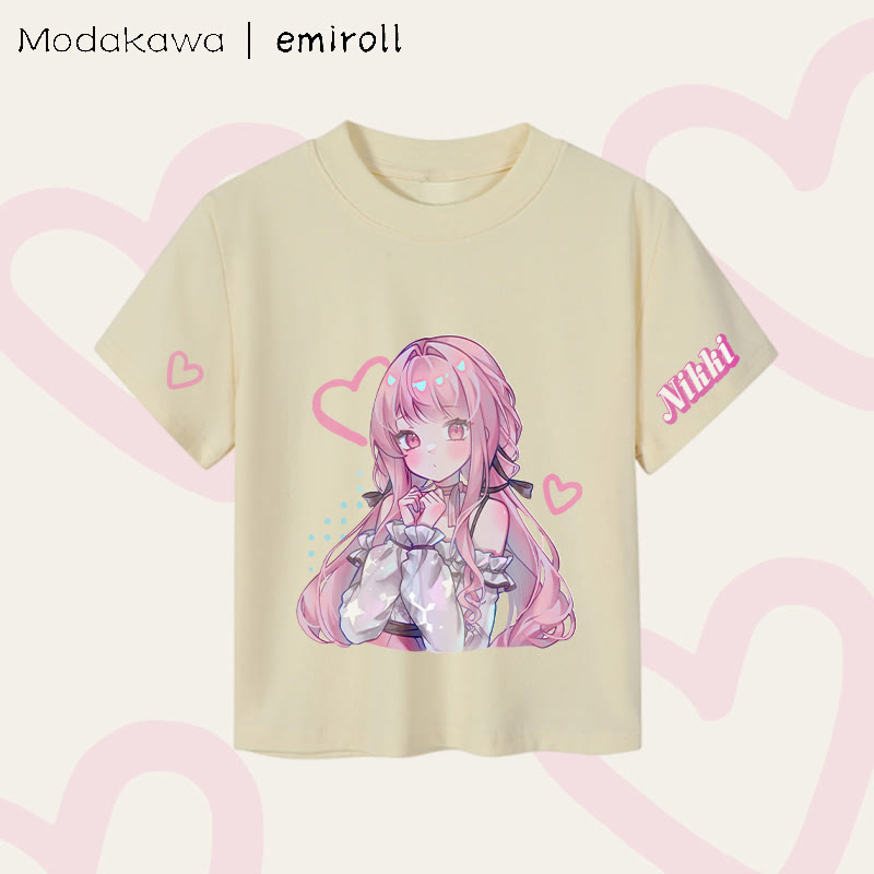 MODAKAWA X emiroll Nikki Heart Graphic Damen Cropped T-Shirt, 92 % gekämmte Baumwolle - Apricot - XL - image 3