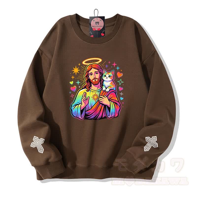 Modakawa Sweatshirt mit Regenbogen-Engel-Gebetskatzen-Kreuz-Grafik - Braun - 5XL - image 5