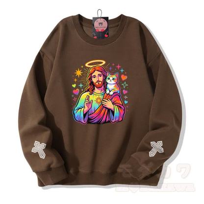 Modakawa Sweatshirt mit Regenbogen-Engel-Gebetskatzen-Kreuz-Grafik - Braun - 5XL - image 5