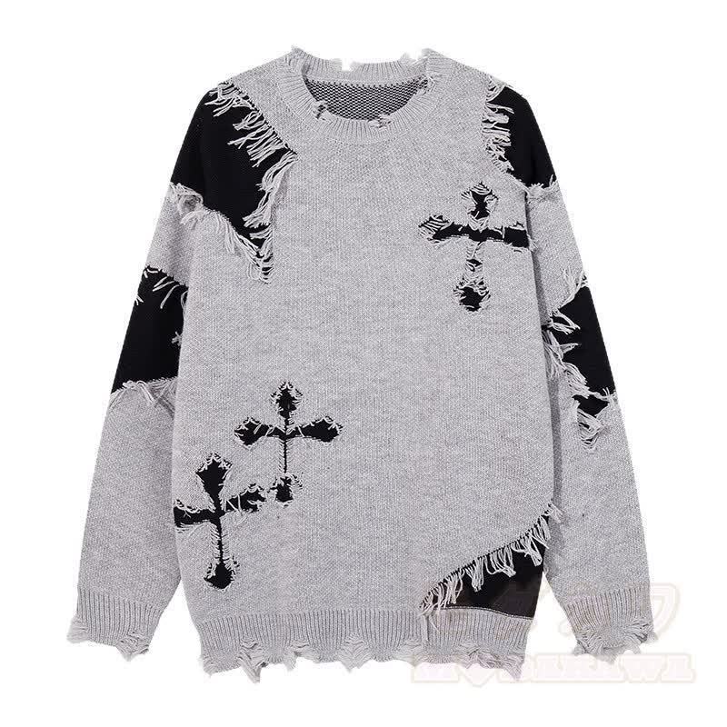 Dunkelblauer, modischer Strickpullover mit Kreuzmuster, Fransen und Used- Farben in Farbblockoptik - Grau - 3XL - image 8