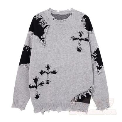 Dunkelblauer, modischer Strickpullover mit Kreuzmuster, Fransen und Used- Farben in Farbblockoptik - Grau - 3XL - image 8