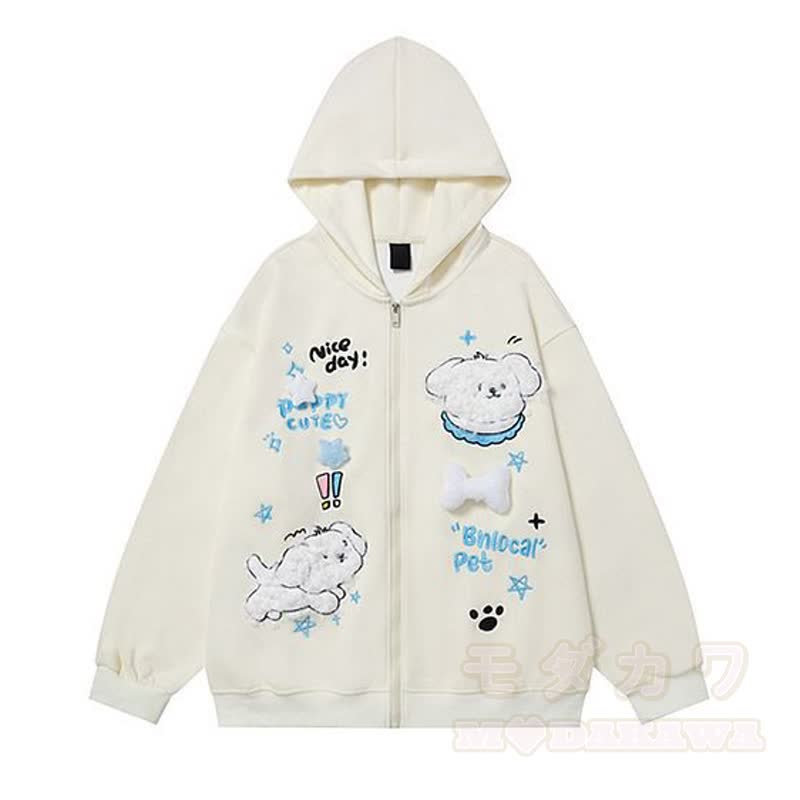 Kawaii Welpenstickerei, lockerer Kapuzenpullover mit Reißverschluss, lockere Passform - Weiß - 3XL - image 10
