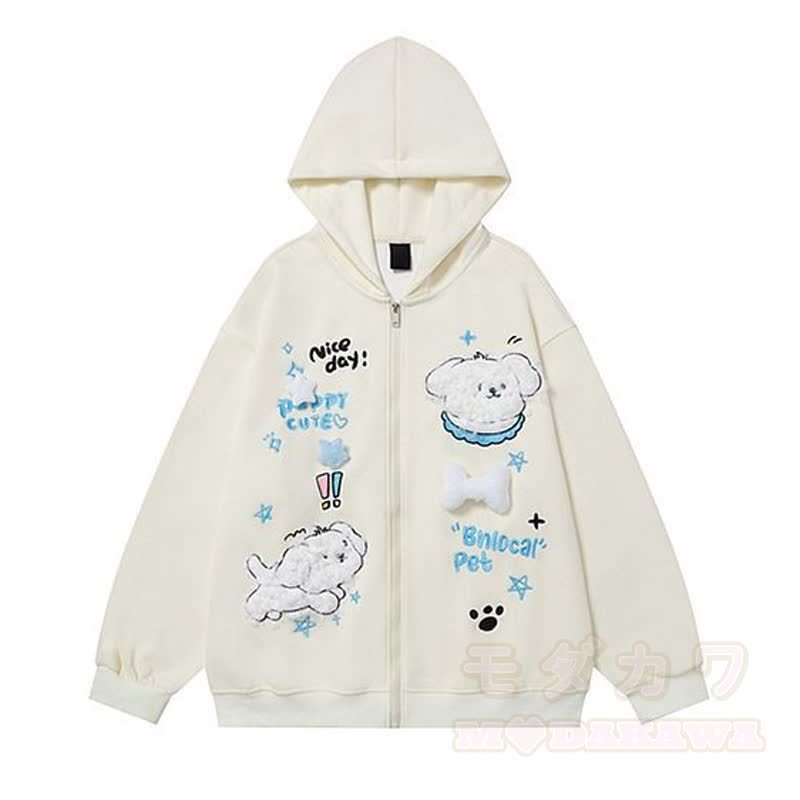 Kawaii Welpenstickerei, lockerer Kapuzenpullover mit Reißverschluss, lockere Passform - Weiß - 3XL - image 10