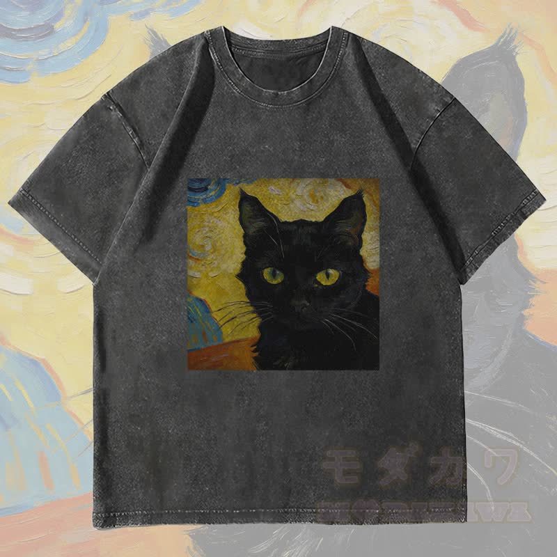 MODAKAWA Schwarzes Katzenporträt Grafik Unisex Vintage Washed T-Shirt - Schwarz - 4XL - image 4