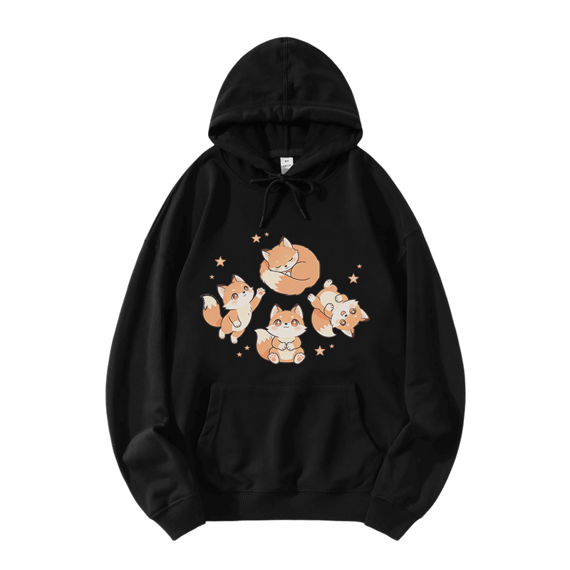 Modakawa Hoodie mit niedlichem Fuchs-Motiv, locker geschnitten, aus Baumwollmischgewebe - Black - 5XL - image 3