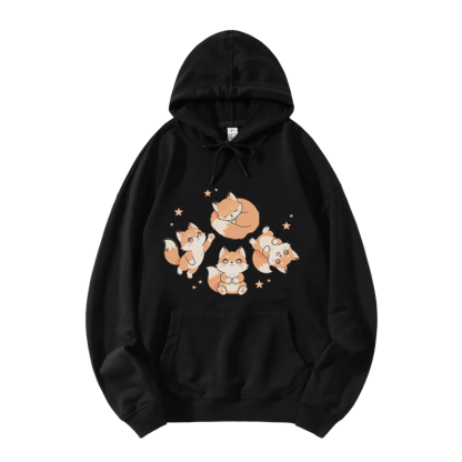 Modakawa Hoodie mit niedlichem Fuchs-Motiv, locker geschnitten, aus Baumwollmischgewebe - Black - 5XL - image 3
