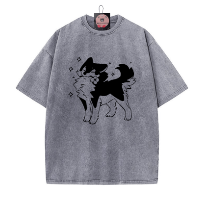 Verspieltes Welpe mit Blumengrafik Unisex Vintage Washed T-Shirt - Grau - 5XL - image 5