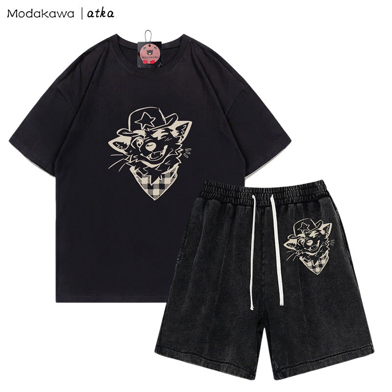 MODAKAWA X atka Cowboy Fox Winking Graphic T-Shirt Vintage Washed Shorts Zweiteiliges Set - Black - 3XL - image 7