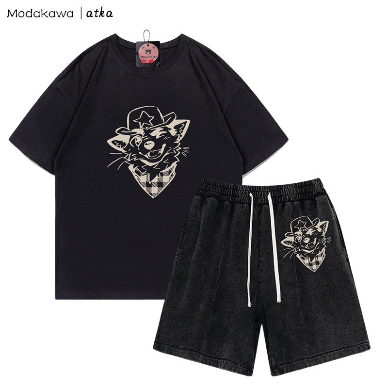 MODAKAWA X atka Cowboy Fox Winking Graphic T-Shirt Vintage Washed Shorts Zweiteiliges Set - Black - 3XL - image 7