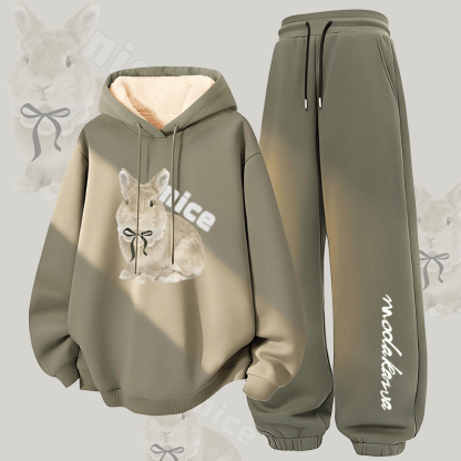 MODAKAWA NICE Zweiteiliges Set mit Kapuze, Hose und Bow Bunny-Motiv, dick gefüttert mit Fleece - Green - 5XL - image 3