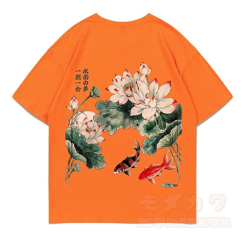 MODAKAWA Sommer-T-Shirt mit Blumen- und Fischmuster, locker geschnitten, Kurzarm - Orange - 5XL - image 15