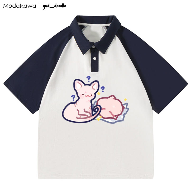 MODAKAWA X gud_doodle Polo-T-Shirt mit „Kitty Chicken“-Buchstabendruck - White&Purplish Blue - 4XL - image 3