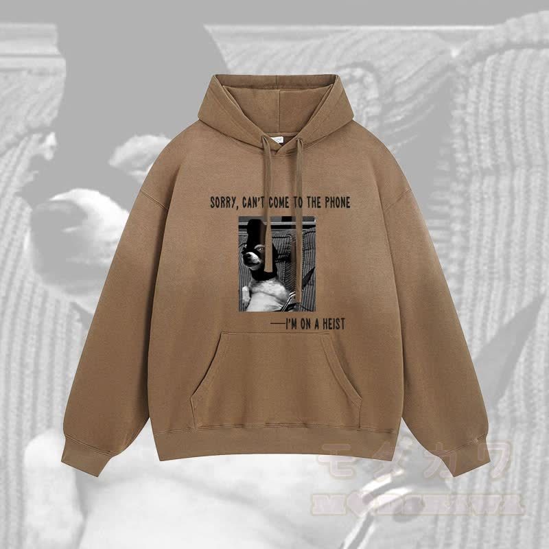 Tut mir leid, ich kann nicht ans Telefon gehen, ich M auf einem Raubüberfall. Welpen-Grafik-Farbverlauf-Streetwear-Hoodie - Braun - 2XL - image 3