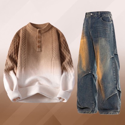 Zweiteiler: Farbverlauf-Zopfstrickpullover und Jeans - Set H - 3XL - image 8