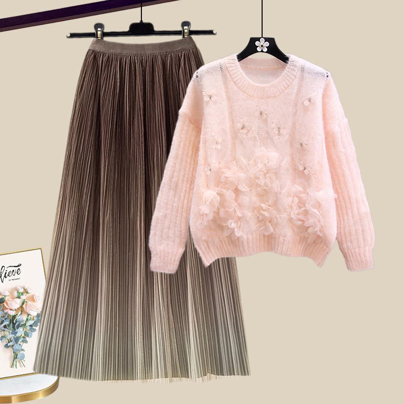 3D-Blumenstrickpullover und passender Farbverlaufrock – Outfit - Set C - XL - image 3