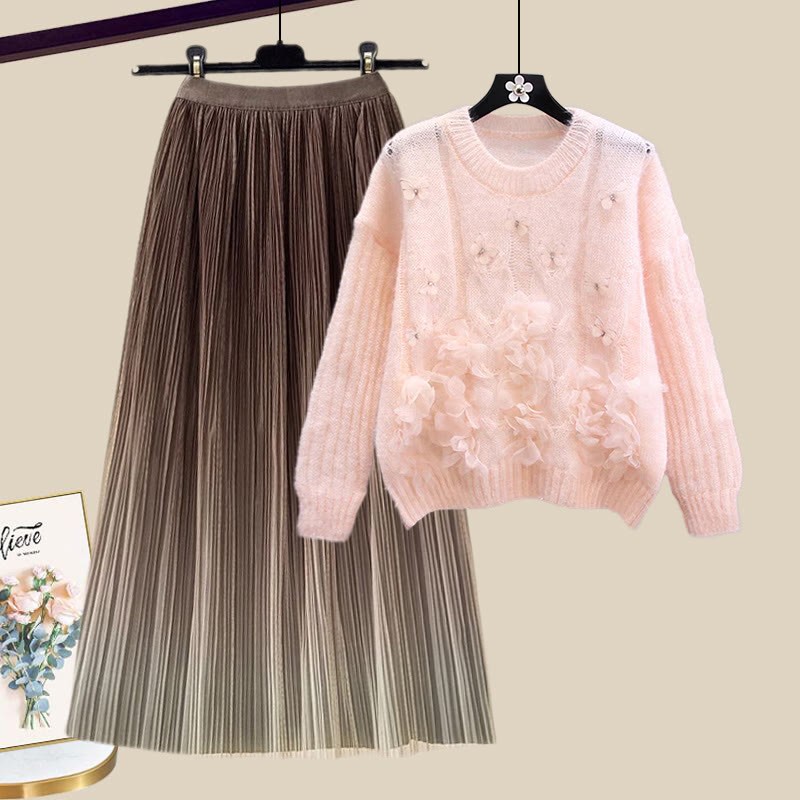 3D-Blumenstrickpullover und passender Farbverlaufrock – Outfit - Set C - XL - image 3