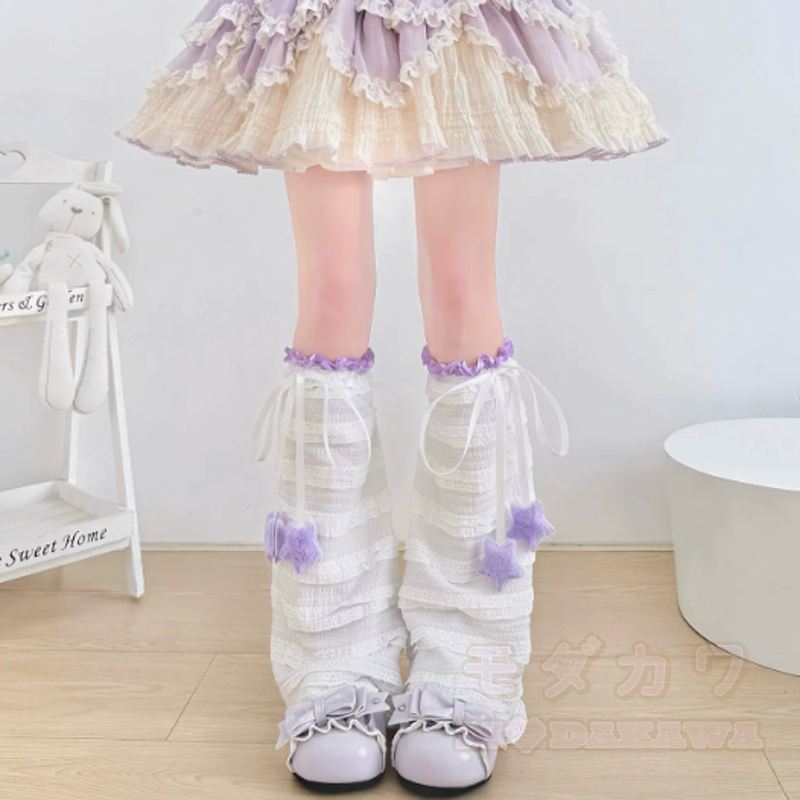 Beinstulpen mit süßer Sternschleife, dünne Socken - Lila-weiße Socke + lila Netz - One Size - image 16