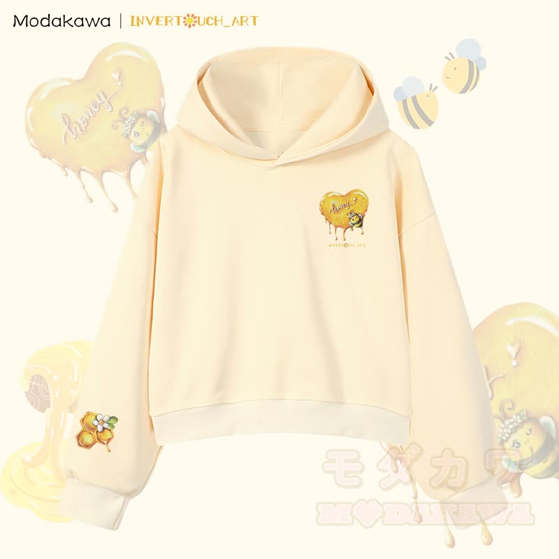 MODAKAWA X INVERTOUCH_ART Honigbienen-Grafik Modakawa Cropped Cotton Hoodie - Aprikose C - 3XL - image 3