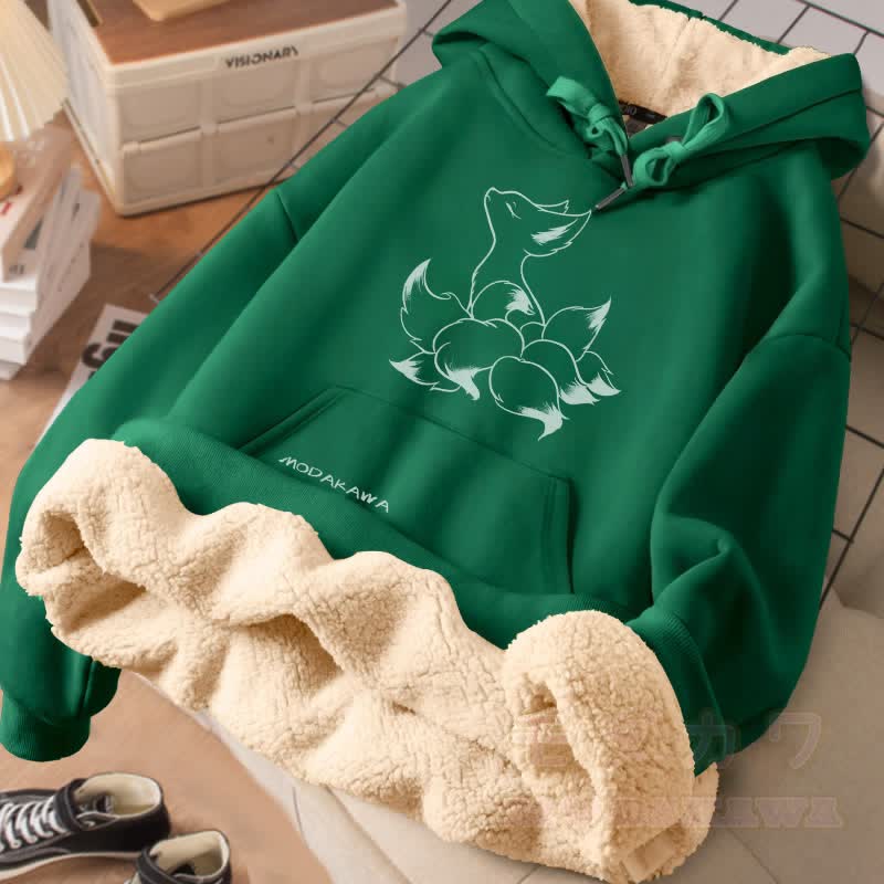 MODAKAWA Winter-Hoodie mit Mystic-Neunschwanzfuchs-Motiv und dickem Fleecefutter - Grün - 2XL - image 3