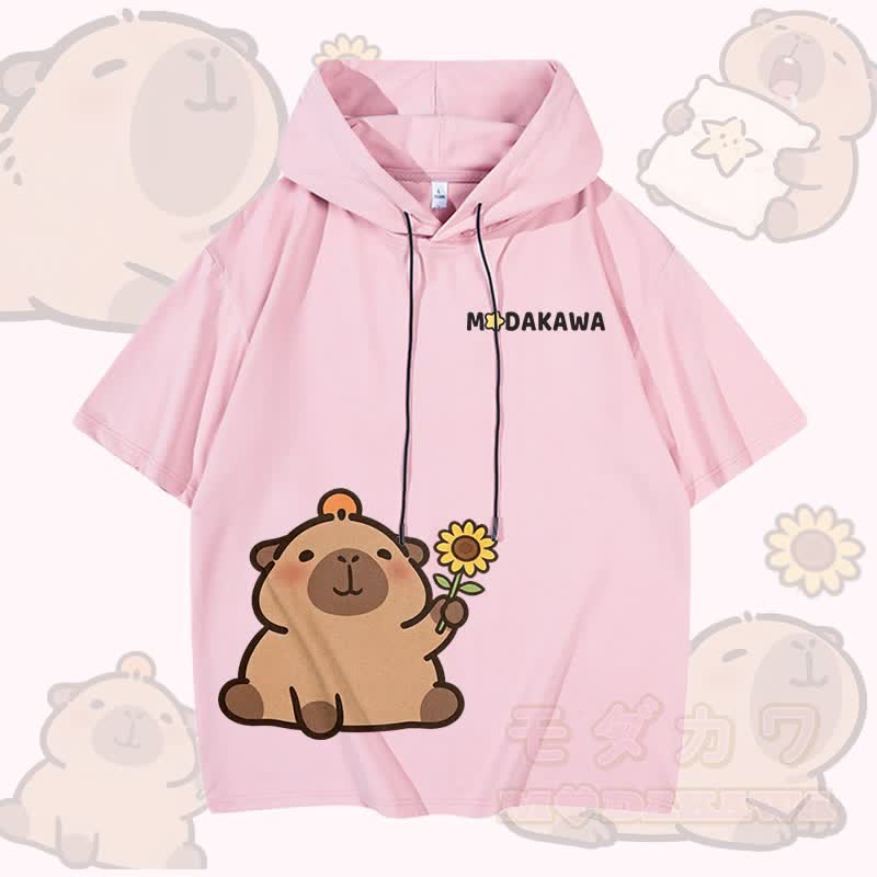 Modakawa Kurzarm-Hoodie mit Sonnenblumen-Capybara-Motiv - Rosa - 3XL - image 5