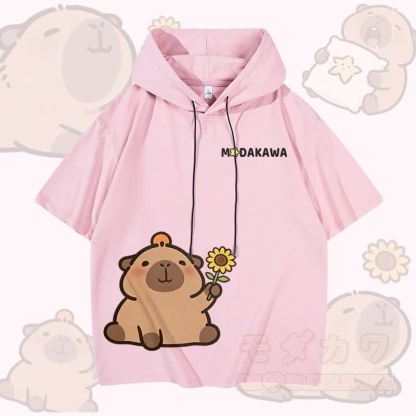 Modakawa Kurzarm-Hoodie mit Sonnenblumen-Capybara-Motiv - Rosa - 3XL - image 5
