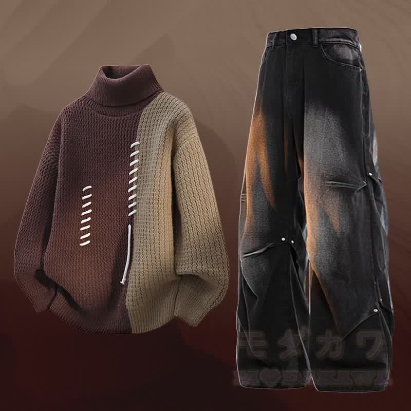 Zweiteiler mit Rollkragenpullover , Farben abgesetztem Fleecefutter und Jeans - Satz C - 3XL - image 3