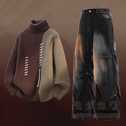 Zweiteiler mit Rollkragenpullover , Farben abgesetztem Fleecefutter und Jeans - Satz C - 3XL - image 3