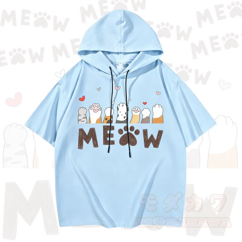 MODAKAWA Kurzarm-Hoodie mit niedlichem Katzenmotiv - Himmelblau - 3XL - image 5