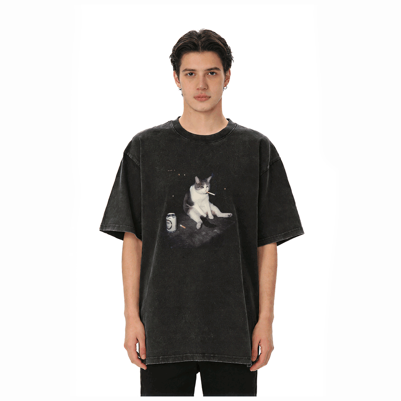 Modakawa Unisex Vintage Washed T-Shirt mit Raucherkatzen-Motiv - image 3