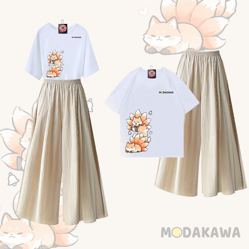 Modakawa Zweiteiler-Set mit Neunschwänzigem Fuchs-Motiv, 100 % Baumwolle, T-Shirt und weite Hose - White & Apricot - XL - image 2