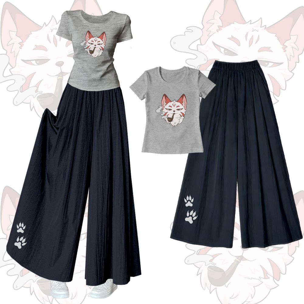 Smoking Fox Grafik-T-Shirt mit U-Ausschnitt, weite Hose, Modakawa passendes Outfit - Set B - XL - image 2