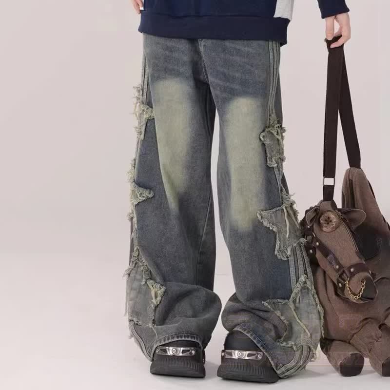 Y2K-Zweiteiler: Schulterfreies Top mit Cut-Outs und lockerer Silhouette, Hose mit Sternenmuster - Blaue Hose - 3XL - image 7