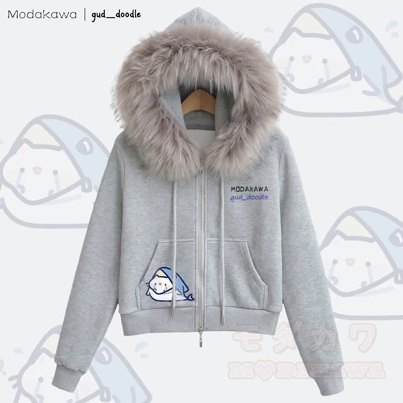 MODAKAWA x gud_doodle Kapuzenpullover mit Katzen- und Hai-Motiv, Fleece-gefüttert, mit Kunstpelzbesatz und Reißverschluss - Grau - L - image 3