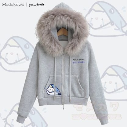 MODAKAWA x gud_doodle Kapuzenpullover mit Katzen- und Hai-Motiv, Fleece-gefüttert, mit Kunstpelzbesatz und Reißverschluss - Grau - L - image 3