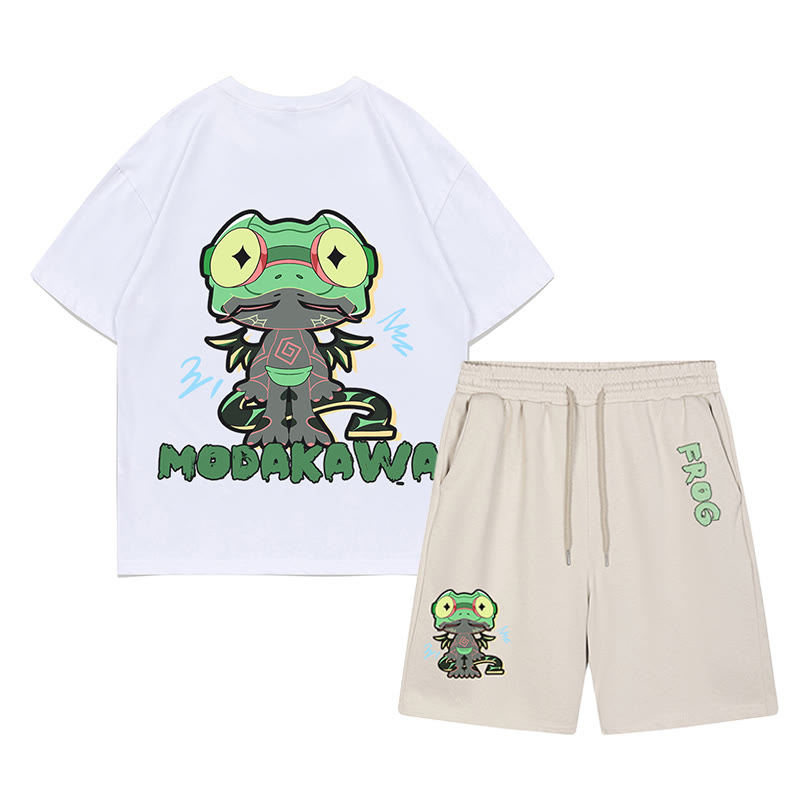 Lustiges T-Shirt mit Frosch-Grafik und dunkler Ästhetik, zweiteiliges Set - Weiß&Aprikose - C - 5XL - image 9