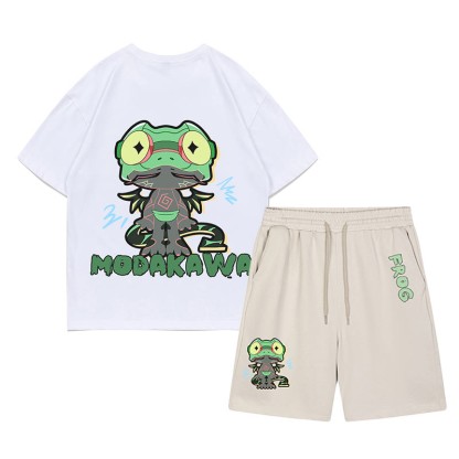 Lustiges T-Shirt mit Frosch-Grafik und dunkler Ästhetik, zweiteiliges Set - Weiß&Aprikose - C - 5XL - image 9