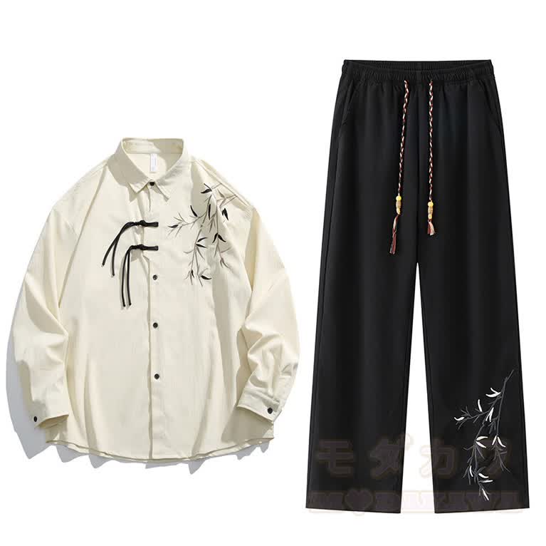 Zweiteiliges Set aus Hemd und Hose im Vintage-Stil mit chinesisch inspiriertem Bambusstickerei-Froschknopfmuster. - Satz D - 3XL - image 4
