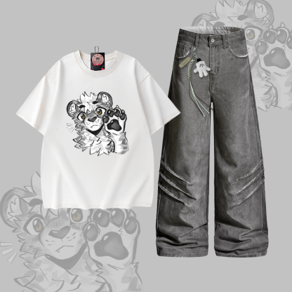 MODAKAWA X atka Tiger Graphic Vintage Washed 100% Cotton T-Shirt Denim Pants Two Pieces Set - Set B - 2XL - image 2