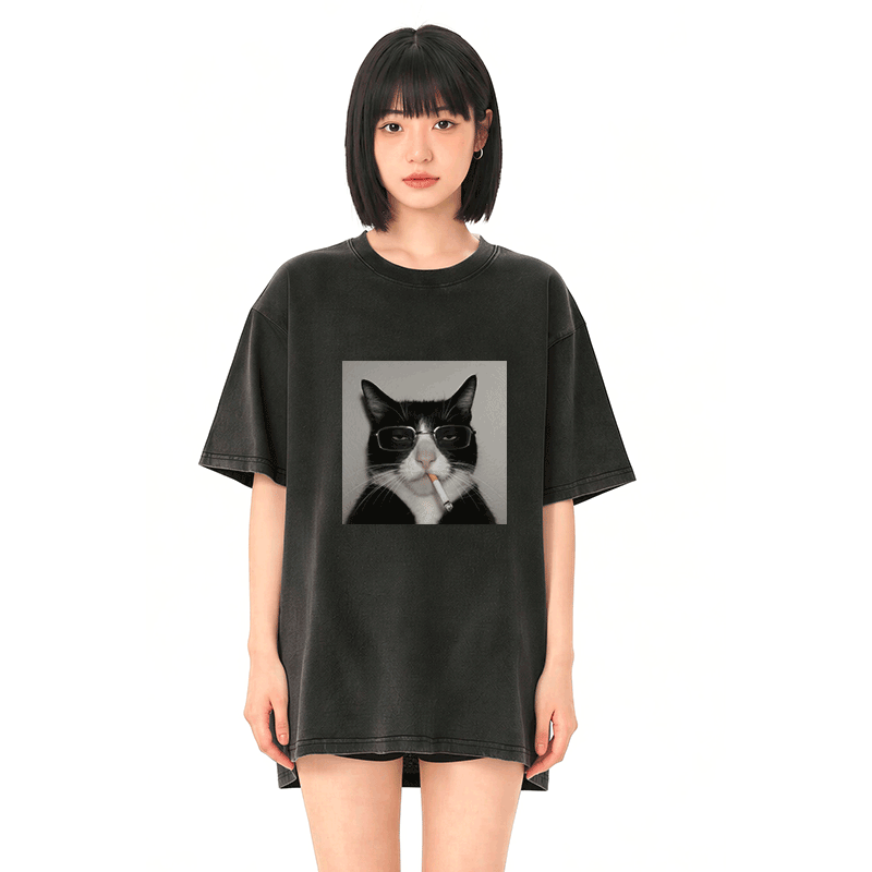 Modakawa Unisex Vintage Washed T-Shirt mit Raucherbrillen-Katzenmotiv - image 3