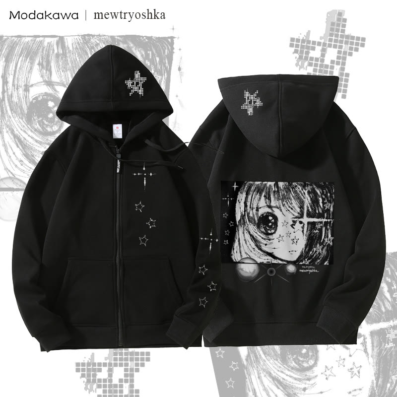 MODAKAWA X mewtryoshka Sternenaugen-Mädchen Grafik Fleecegefütterter Kapuzenpullover mit Reißverschluss - Black - 5XL - image 3