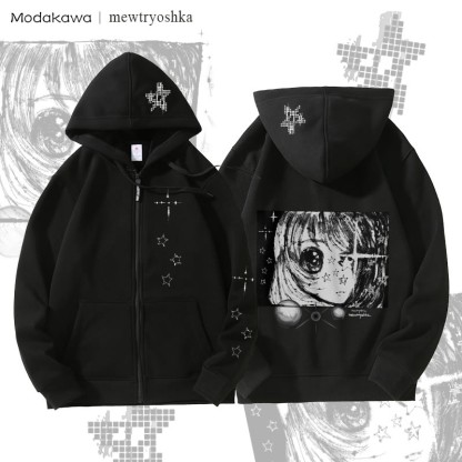 MODAKAWA X mewtryoshka Sternenaugen-Mädchen Grafik Fleecegefütterter Kapuzenpullover mit Reißverschluss - Black - 5XL - image 3