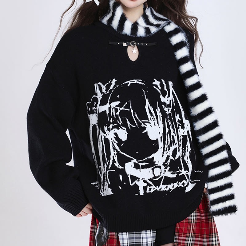 Lockerer Pullover mit Schal und Cartoon-Mädchen-Print - image 3