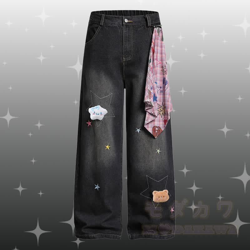 T-Shirt aus Baumwolle mit Welpenstickerei (Chenille), Sternen-Jeanshose, Modakawa-Partnerlook - Schwarze Hose - XL - image 5