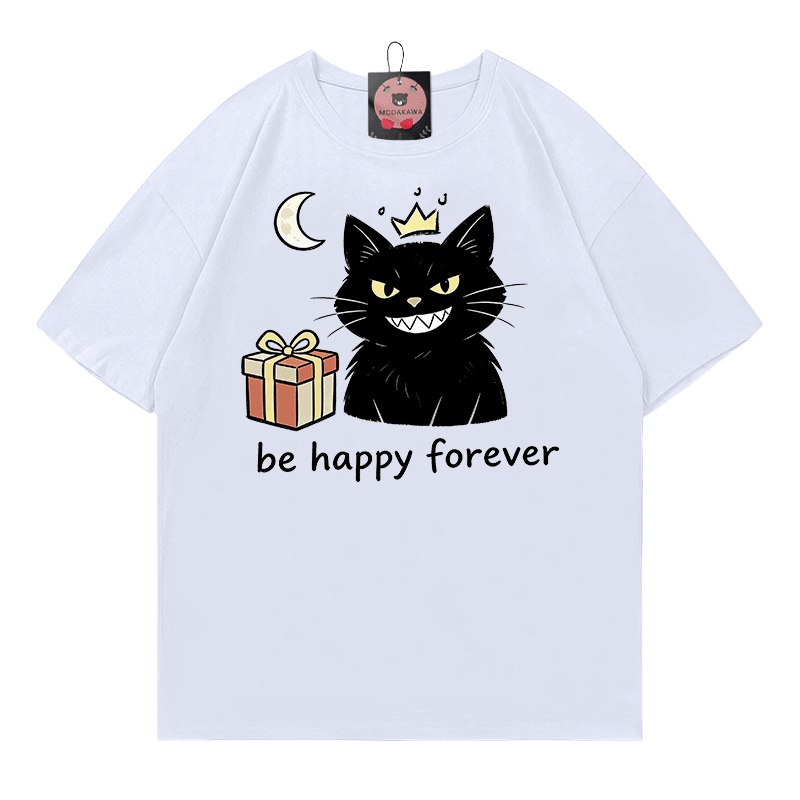 SEI FÜR IMMER HAPPY – Modakawa T-Shirt mit schwarzer Katzengrafik aus 100 % Baumwolle - White - 5XL - image 5